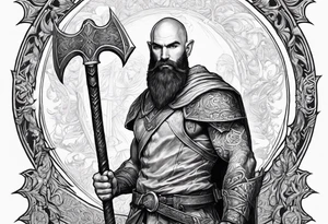 a full-body picture of a 30-year-old, human elf, bearded bald male, paladin, holding a battle axe, tattoo idea