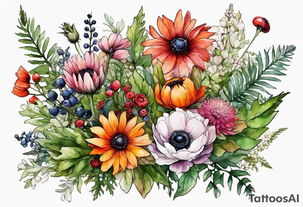 wildflowers with thistles, ferns, white anemones, sun flowers, orange flowers, green flowers, pink flowers, red flowers, berries and all in watercolor tattoo idea