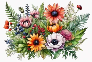 wildflowers with thistles, ferns, white anemones, sun flowers, orange flowers, green flowers, pink flowers, red flowers, berries and all in watercolor tattoo idea