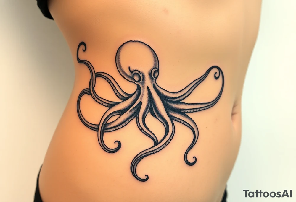 delicate lines, abstract linework, fine-line tattoo, minimal style, ribs to hip, flowing shape, organic curves, fluid motion, psychedelic, surreal, dreamy, liquid aesthetic, gasoline on water, oil slick effect, iridescent shimmer, soft distortion, melting edges, tentacle shapes, hidden octopus, octopus silhouette, morphing lines, subtle creature, hypnotic pattern, mirage-like, abstract animal form, visual illusion, ink floating in water, smoke-like swirls, graceful motion, dynamic flow, non-literal, elegant, modern, feminine, Balazs Bercsenyi inspired, Pis Saro style, black ink, no solid fill, transparent feeling, depth and layers, trippy fluidity, ghost-like anatomy, echo lines, nerve-like, airy composition, semi-transparent overlays, fractal inspiration, meditative design, inkblot symmetry, nature meets abstraction, vapor-like presence, fine contour work, shadowy tentacles, oil-pool texture tattoo idea