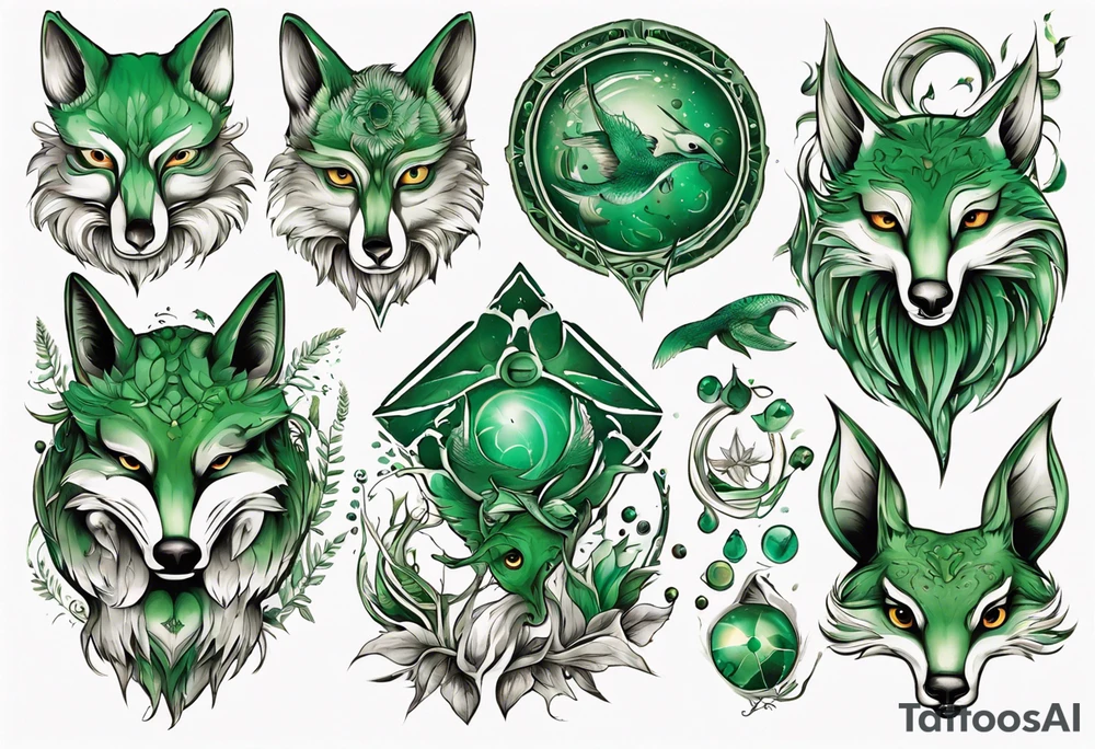 fisch, fuchs und eule , grün , symetrie universum tattoo idea
