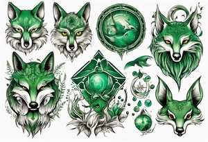fisch, fuchs und eule , grün , symetrie universum tattoo idea