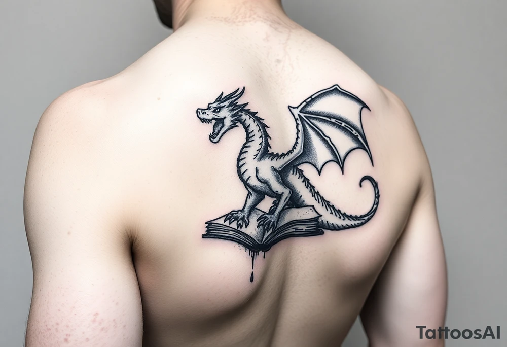 arm sleeve, fantasy, incorporates existing small tattoo of a dragon flying out of a book located just above the back of the elbow

Dungeons and Dragons
Warcraft
Lord of the Rings
Forgotten Realms tattoo idea