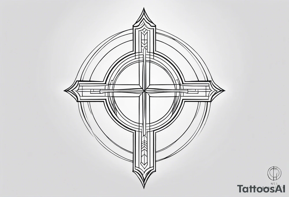 Geometric Tattoo: A refined cross with a soft halo on top of it, symbolizing light and spirituality. Delicate rays extend outward from the halo, adding a subtle glow and depth. The cross itself is simple and elegant, with potential for small, intricate line details within the design. Style: Geometric tattoo idea