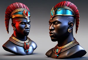 Black-skinned bald african warrior bust. He wears a simple and small silver crown. He uses two simple necklaces: one blue, other red. tattoo idea