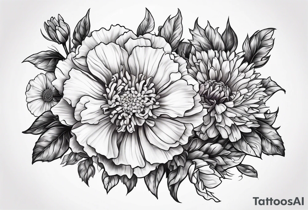 Top view flower arrangement of a carnation aster and violet tattoo idea