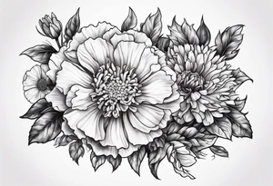 Top view flower arrangement of a carnation aster and violet tattoo idea