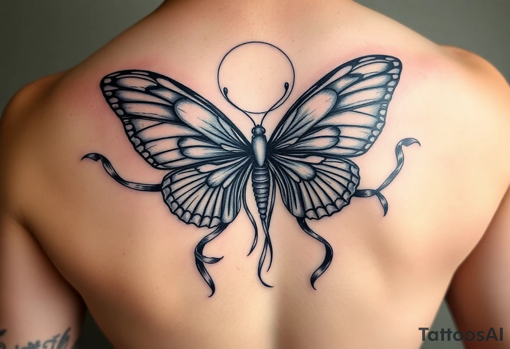ethereal butterfly with flowing silk ribbons in moonlight tattoo idea