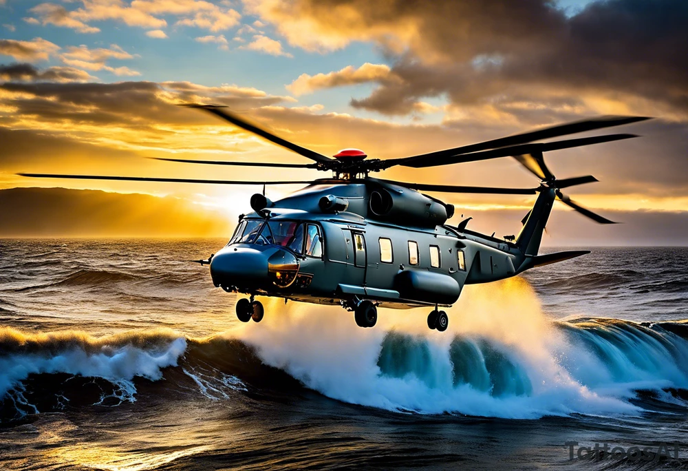 Canadian military grey CH-148 Cyclone helicopter soaring low over rough, ocean waves. The sun is setting, casting a dramatic glow on the scene with realistic clouds and a specular reflection of the helicopter on the water. The helicopter should be the main focus, with intricate details and a sense of motion. In the background, a poppy be prominently displayed tattoo idea