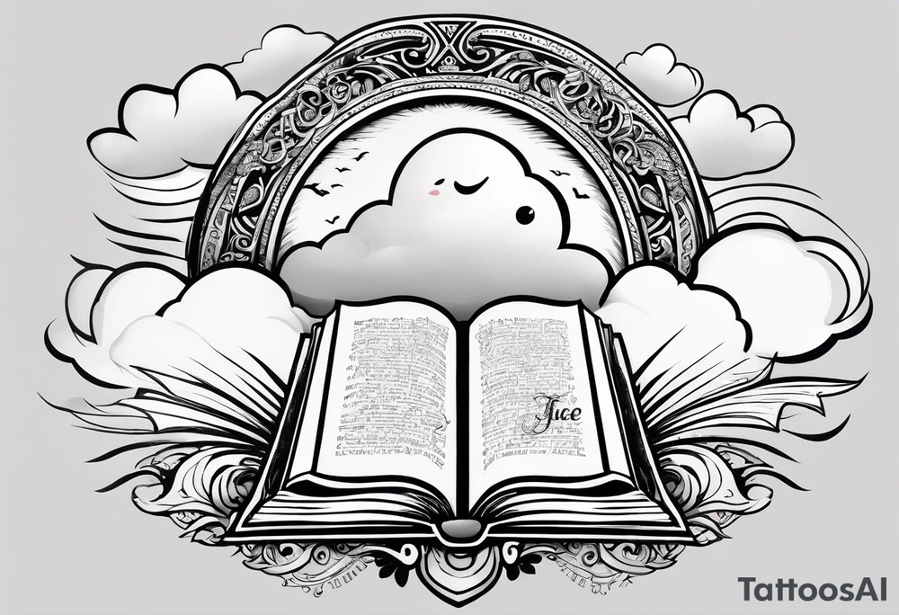 clouds with lettering of something in the bible with a face and like a journey being the face with jice eyes tattoo idea