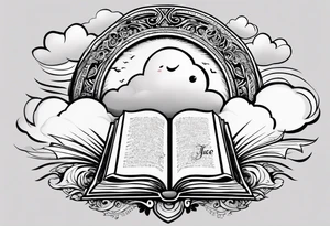 clouds with lettering of something in the bible with a face and like a journey being the face with jice eyes tattoo idea