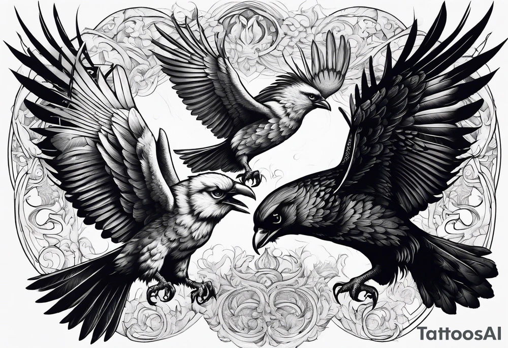 Pheonix and raven fighting with owl flying in at them tattoo idea