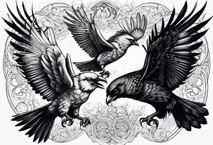 Pheonix and raven fighting with owl flying in at them tattoo idea