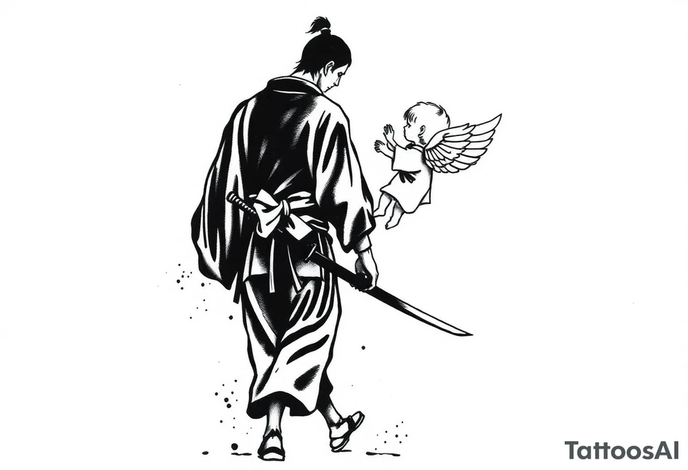 "Blackwork tattoo sketch of a lone samurai walking forward, shown in dramatic silhouette style. The samurai wears traditional kimono and hakama, holding a katana in one hand with the blade pointing downward. Behind him floats a small child angel with detailed feathered wings, gently touching the samurai’s back with one hand, as if stopping or guiding him. Strong contrast, dynamic ink splatter, rough brush strokes, Japanese sumi-e vibe, emotional and symbolic composition, high detail linework, no background." tattoo idea