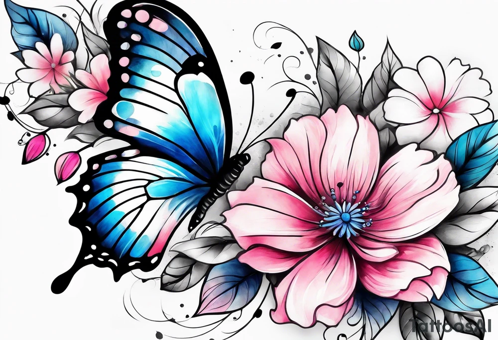Female arm sleeve with pink, white, and blue flowers and butterflies tattoo idea