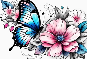 Female arm sleeve with pink, white, and blue flowers and butterflies tattoo idea