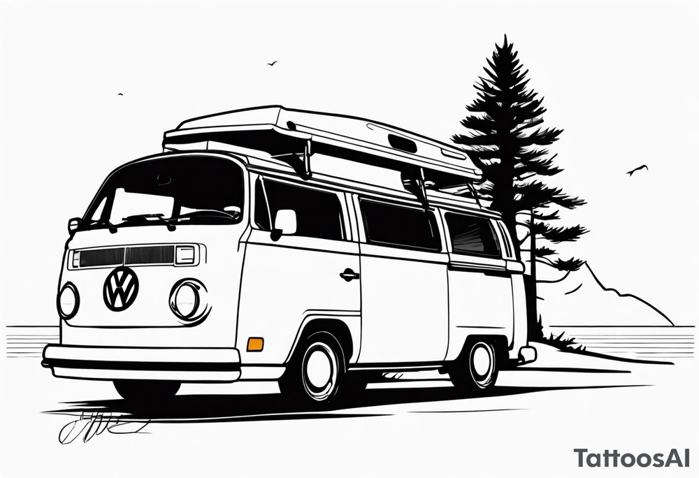 VW california t6 in Front of a pine tree on a beach tattoo idea