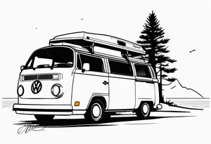 VW california t6 in Front of a pine tree on a beach tattoo idea
