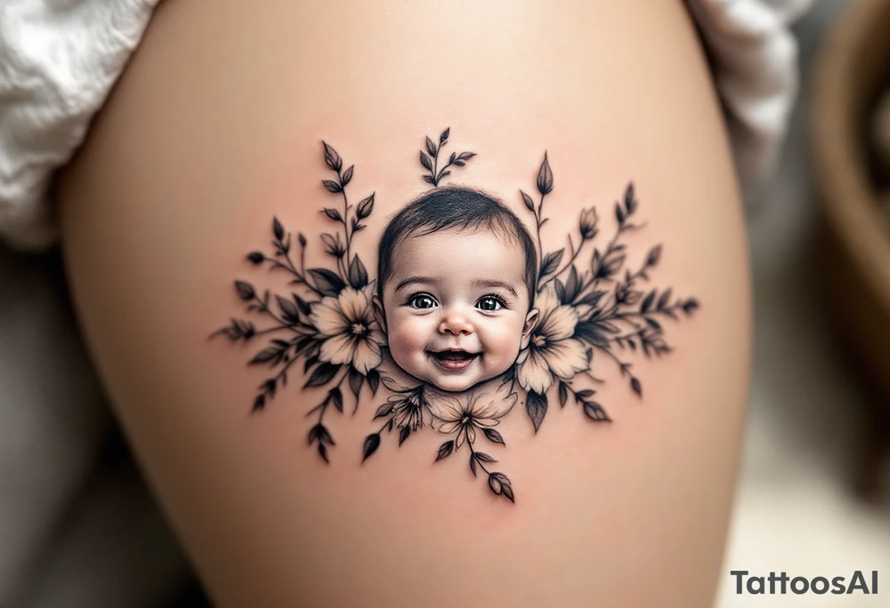 A row of birth flowers with the son’s toddler face in the center, highlighted in full color, while others are shaded in black. tattoo idea