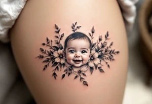 A row of birth flowers with the son’s toddler face in the center, highlighted in full color, while others are shaded in black. tattoo idea