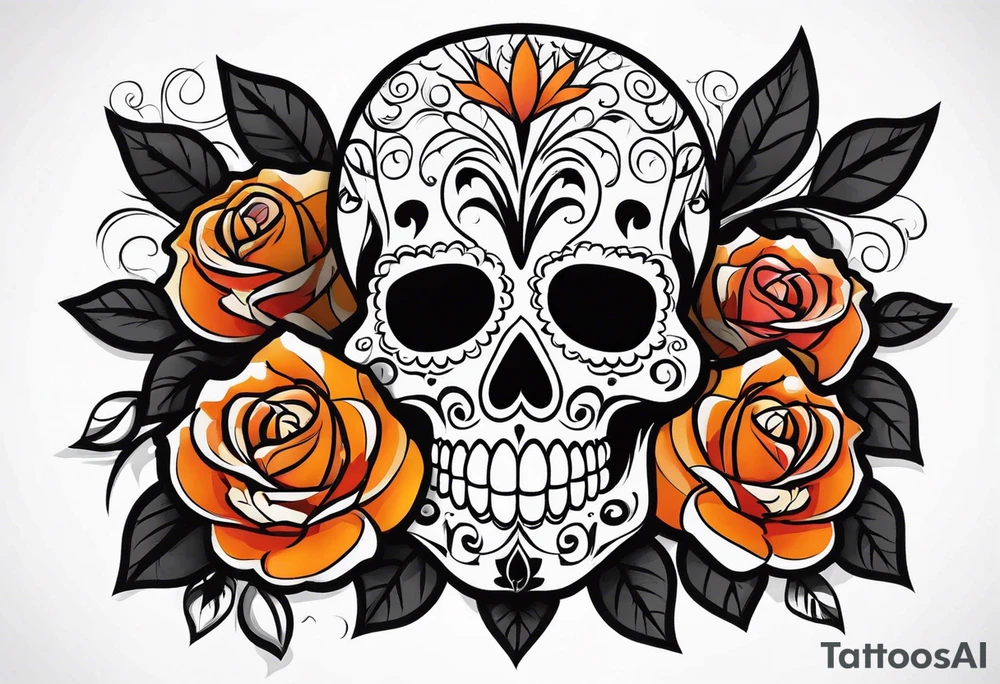 Sugar skull with roses that are orange and black tattoo idea