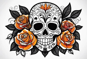 Sugar skull with roses that are orange and black tattoo idea