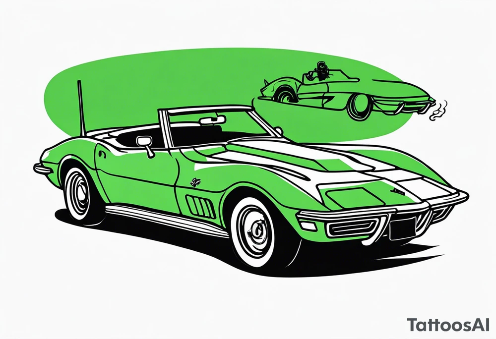 Skeleton smoking a cigarette driving a green 1976 convertible Corvette tattoo idea