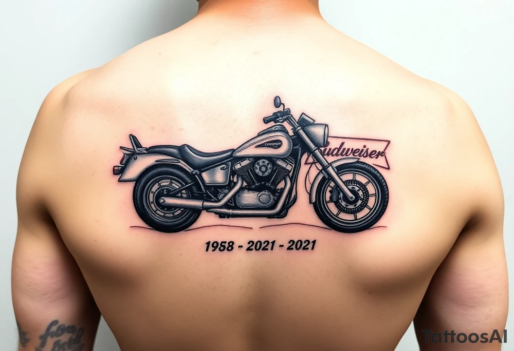 Dale Earnhardt car on it with the year 1958 - 2021 intertwined with a motorcycle with a Budweiser logo on it tattoo idea