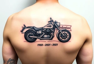 Dale Earnhardt car on it with the year 1958 - 2021 intertwined with a motorcycle with a Budweiser logo on it tattoo idea