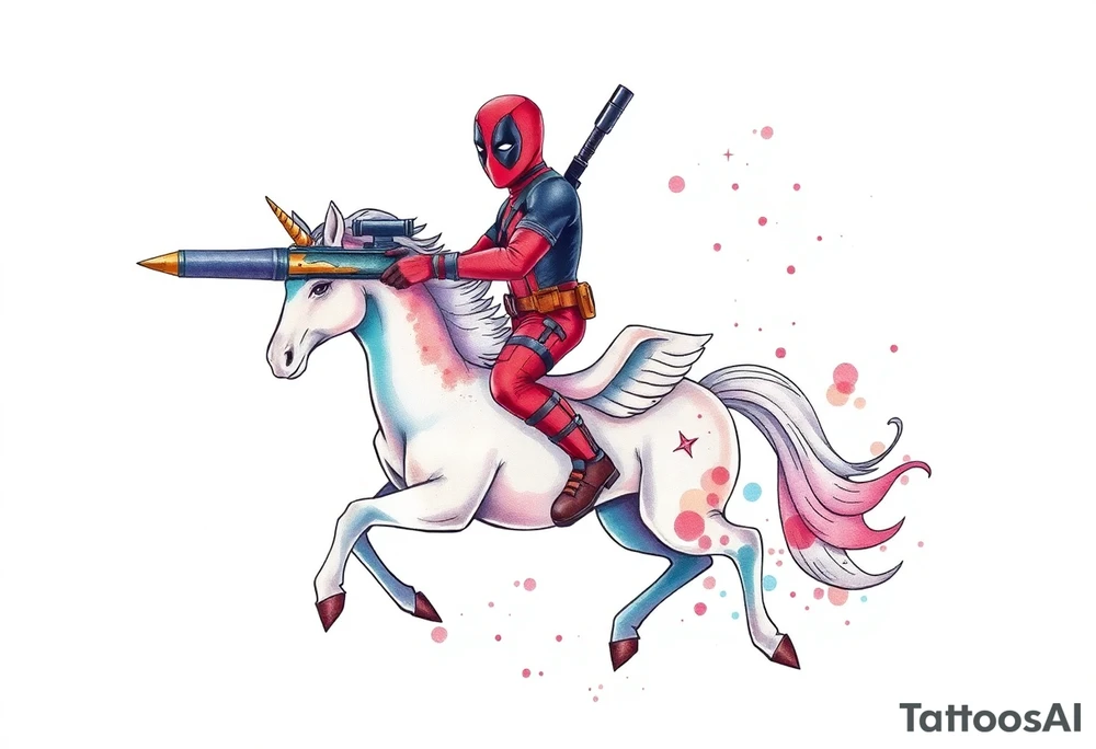 Deadpool riding a unicorn shooting Russian era rocket launcher tattoo idea