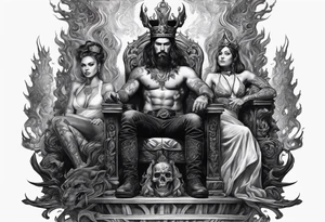 A man wearing a black crown and and a women on a throne in Hell sitting on skulls with flame above tattoo idea