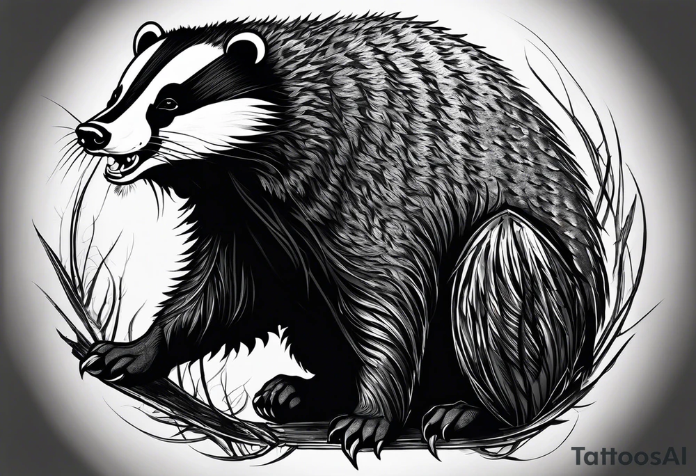 Draw me hunting badger with aggressive full body, killer face with a smile, very long nails and he attacks like a Turkish gladiator to enemy and also he has very deadly looking. The only weapon is his braveness he fights with his nails. Everybody scares after their first sight. And horror type Badger this is. tattoo idea