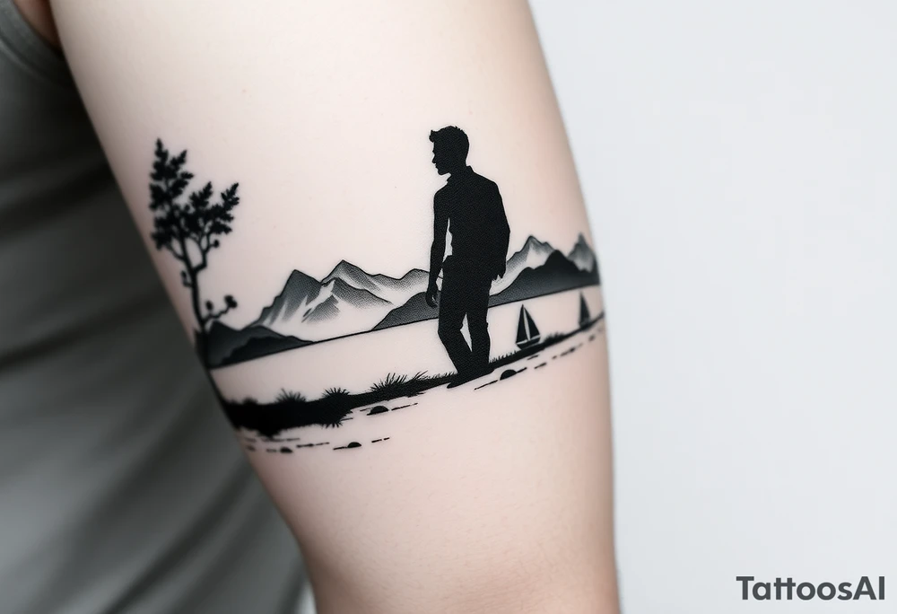 I want a minimalist design that will go on my right bicep, of a man's silhouette of a man on a shoreline, with a tree to his left, looking out at mountains in the distance, and a sailboat in the foreground.  but I want this around the arm, elbow and bicep area.  more of a wrap around on the arm please tattoo idea