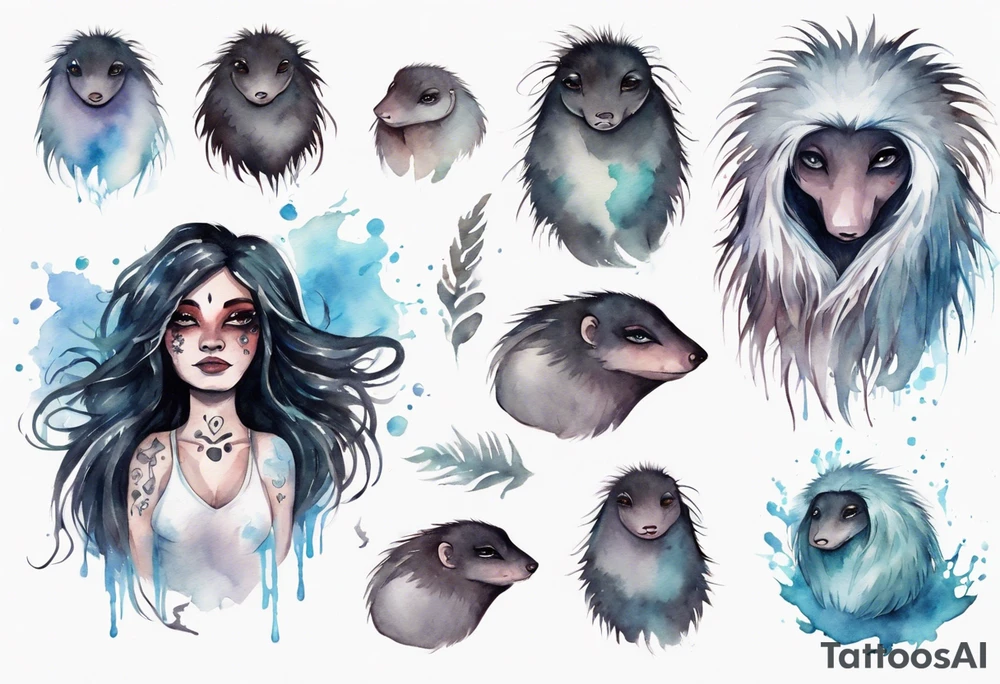 a giant mole woman with large dark eyes white glowing fur and messy of dark hair on its head tattoo idea