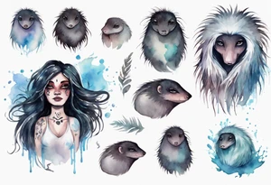 a giant mole woman with large dark eyes white glowing fur and messy of dark hair on its head tattoo idea