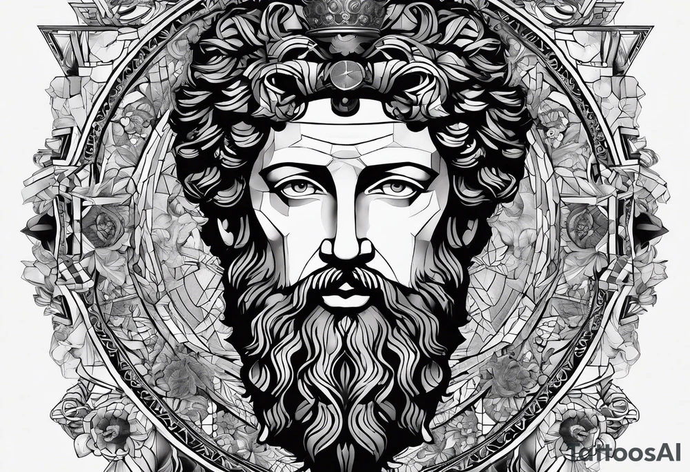 The Face of marcus aurelius with the lower left half missing. Geometric symbols framing the background tattoo idea