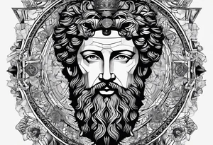 The Face of marcus aurelius with the lower left half missing. Geometric symbols framing the background tattoo idea