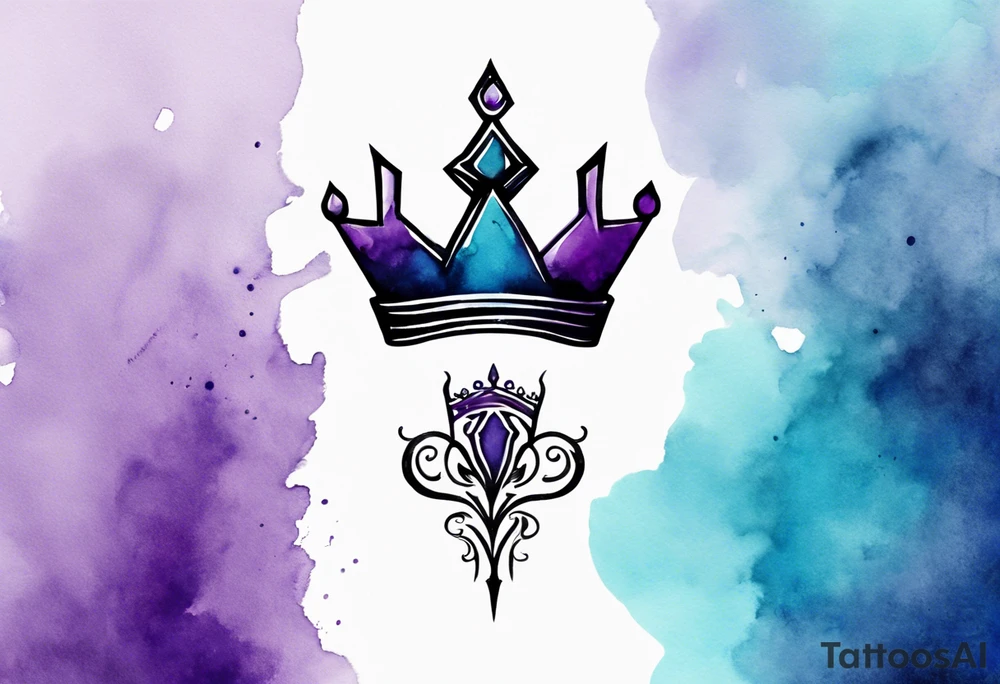 A tattoo of a minimalistic black crown and some negative space on a water color background of purple and blue. tattoo idea