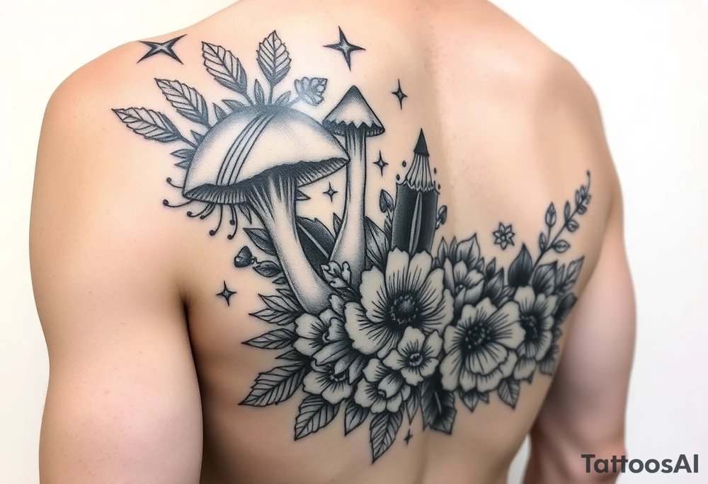 Could you possible make me a cool nature tattoo with mushrooms crystals  flowers mandala boho but colorful and psychedelic too that would wrap from front of hip around side to mid back to cover an existing one I have incorporating the stars I have already and only covering some tattoo idea