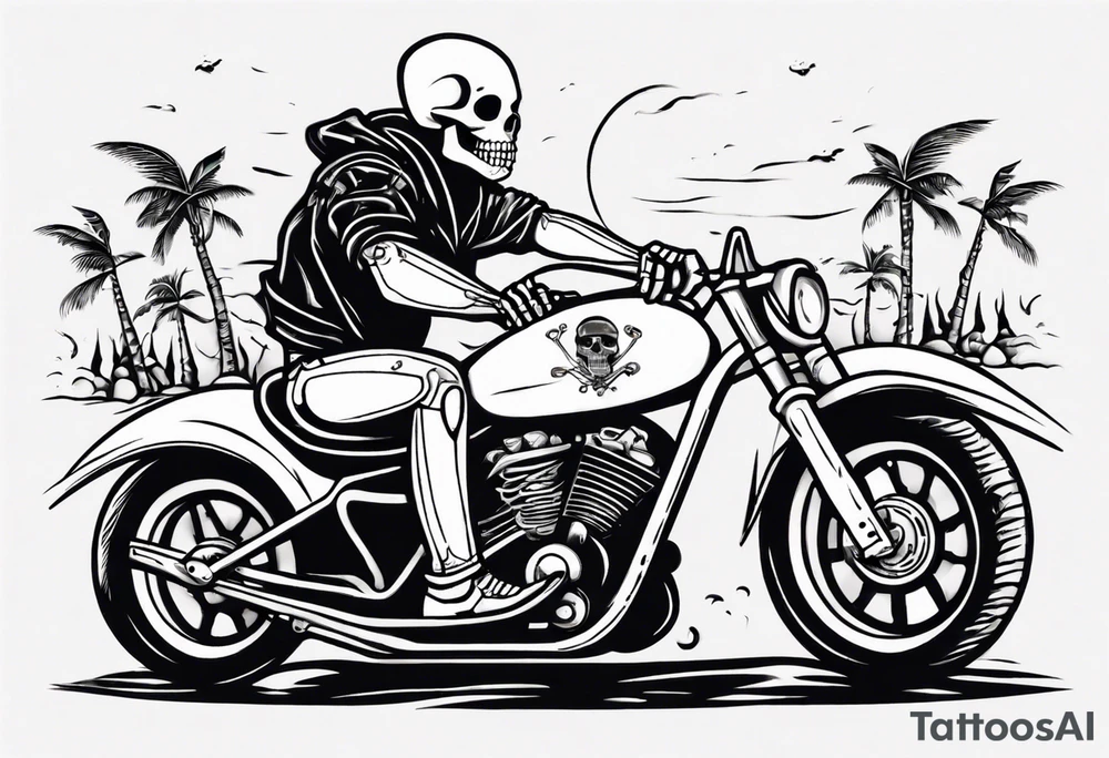 Skeleton riding motorcycle along the beach tattoo idea