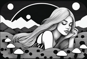 Straight blonde hair girl in black and white striped dress sleeping back facing
in a field of mushrooms with mountains s
and crescent moon mandala background tattoo idea
