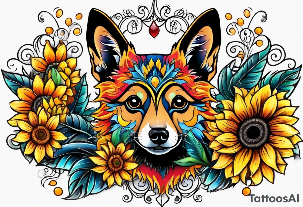 Alebrije pomchi face with sunflowers tattoo idea