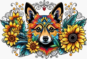 Alebrije pomchi face with sunflowers tattoo idea