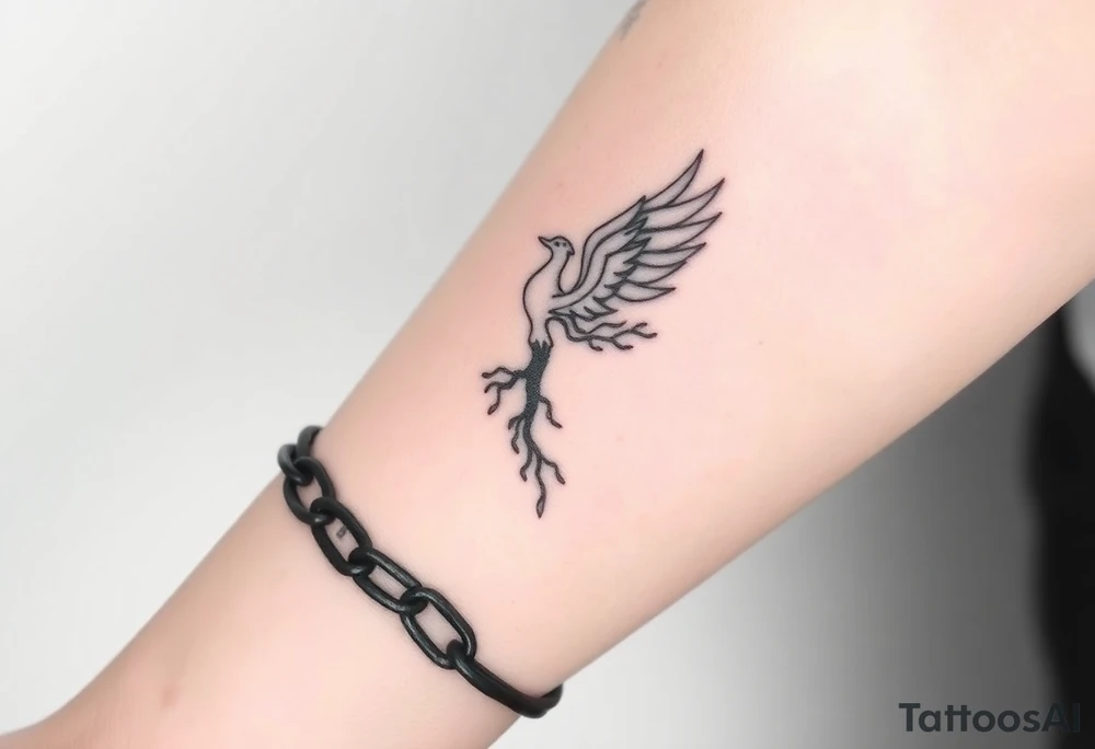 Create a minimalist tattoo design symbolizing personal rebirth. Phoenix or tree breaking through chains, representing freedom from addiction, self-forgiveness, and inner strength. Incorporate dates 21.02 and 22.02 subtly. Emphasize journey of healing, self-love, and dignity. tattoo idea