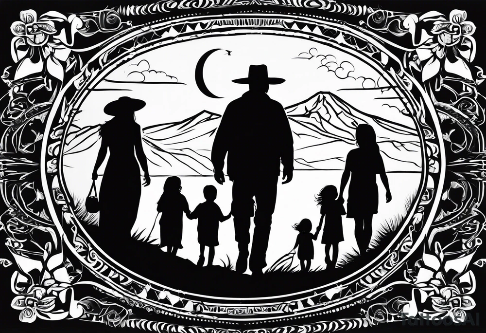 A shadow of a family of four walking through the Pacific northwest. Faith centered and add Mexican tribal  border with importance of faith.
Add crosses tattoo idea