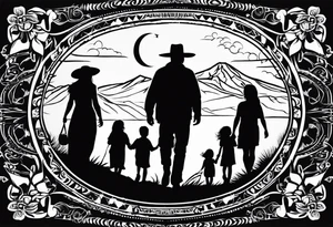 A shadow of a family of four walking through the Pacific northwest. Faith centered and add Mexican tribal  border with importance of faith.
Add crosses tattoo idea