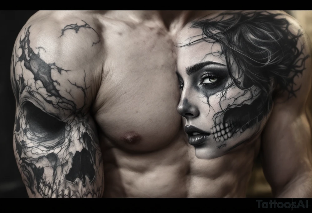 Half female half skull portrait tattoo tattoo idea