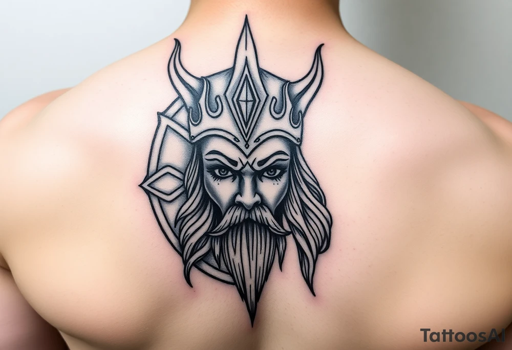 Viking Shield maiden face, black work, intricate lines, realistic, complex tattoo idea