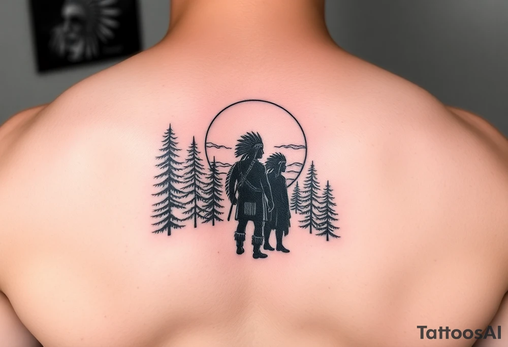Native american warriors silhouette at sunset with cedar trees tattoo idea