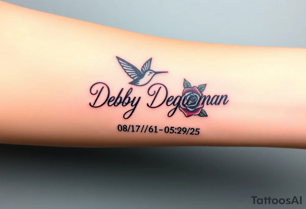 Cursive name Debby Deguzman surrounded by a hummingbird a rose and these dates 08/17/61 - 05/29/25 tattoo idea